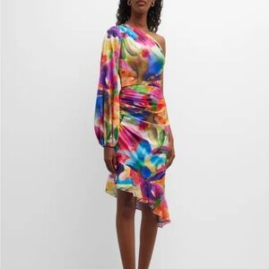 Liv Foster Ruched One-Shoulder Abstract-Print Midi Dress